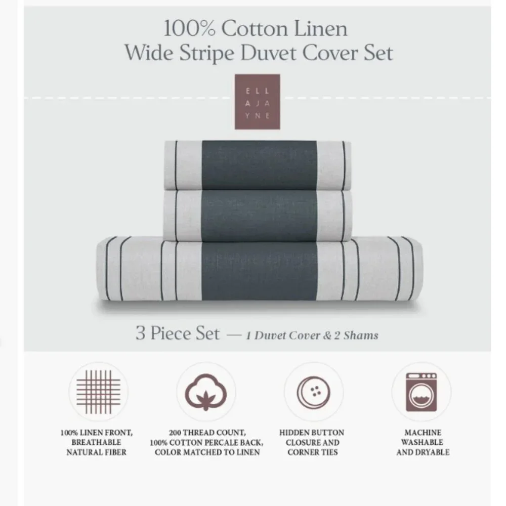 Ella Jane 100% French Linen Luxury White Gray Striped QUEEN Duvet Cover Set 3pc